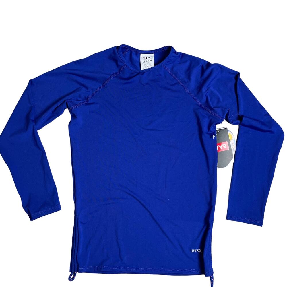 TYR Kids Solid Belize Long Sleeve Rashguard Top Velvet Blue Girls Sz Large 10/12